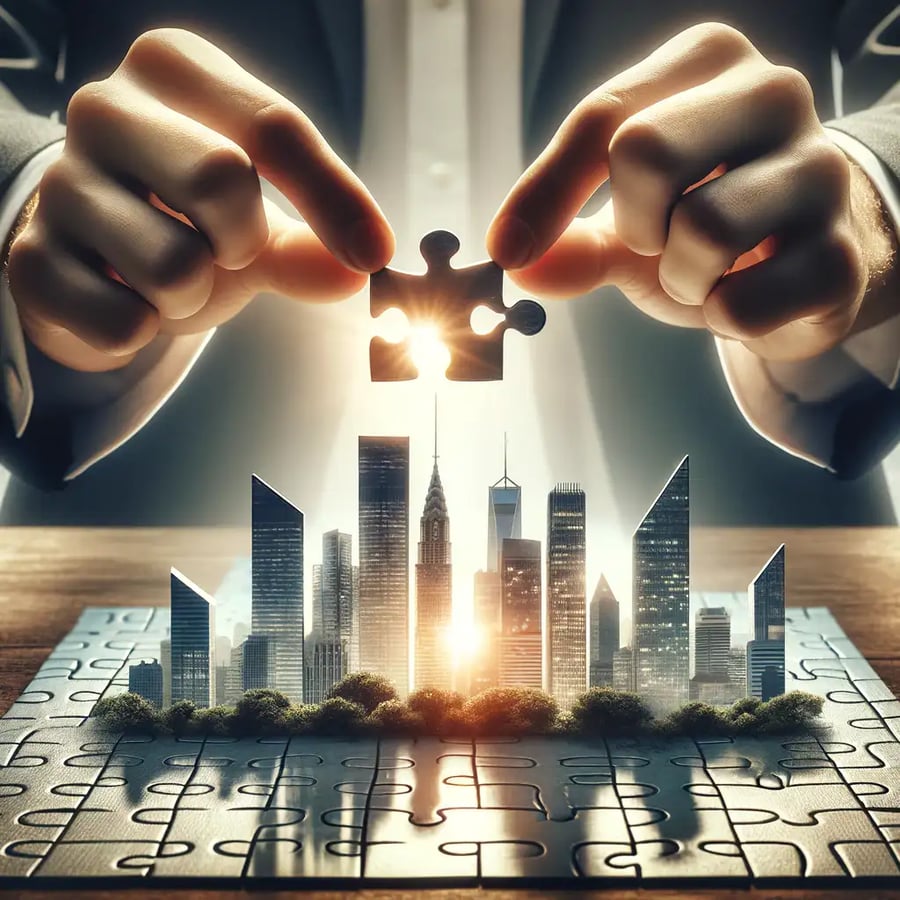 Hands completing jigsaw puzzle with cityscape for business growth mastery.